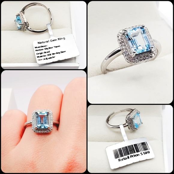 Natural Emerald Cut Sky Blue Topaz & Diamond 925 Sterling Silver Halo Ring - Picture 2 of 3
